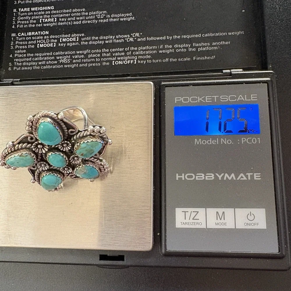 Southwest Turquoise Sterling Silver Ring Size 8 Adjustable Cluster 17.25g